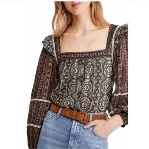 Free People Sz XS Mostly Meadow Bohemian Printed Puff Sleeves Blouse